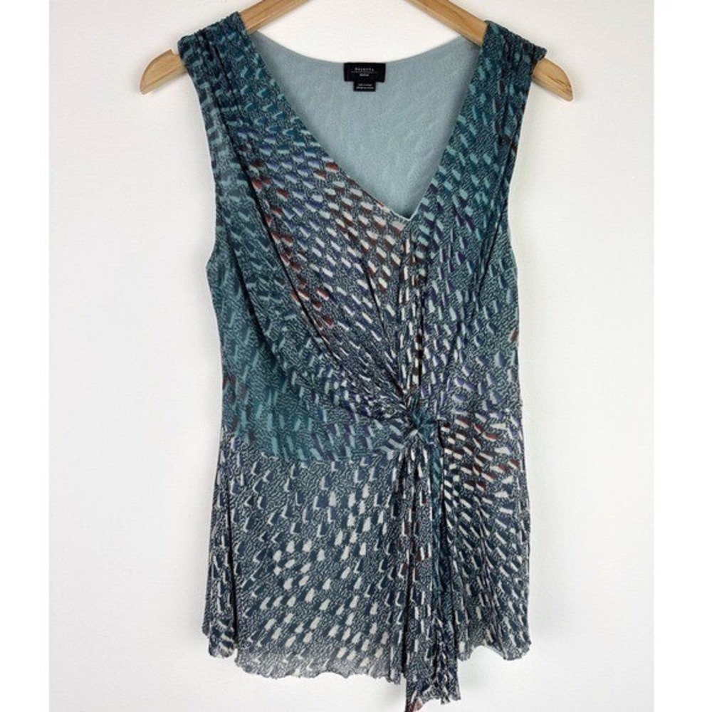 Anthropologie Deletta Teal Print Mesh Knotted Blouse Tank Top Shirt blue brown M
